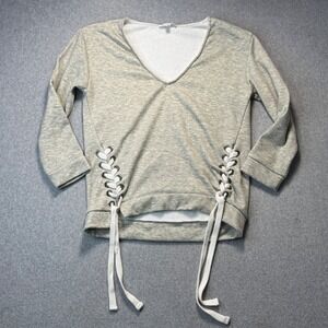 Into Lace Up Sweatshirt Edgy Grommets V-Neck Fleece Lined Heather Grey‎ Small